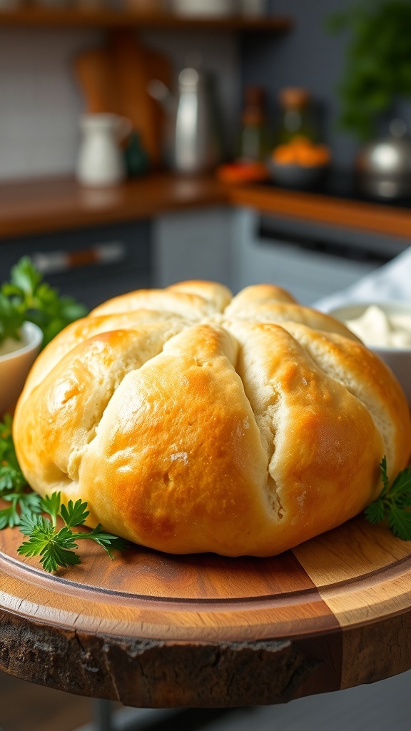Cloud Bread Recipe Fluffy cloud bread round on a wooden table with herbs and cream cheese spread.